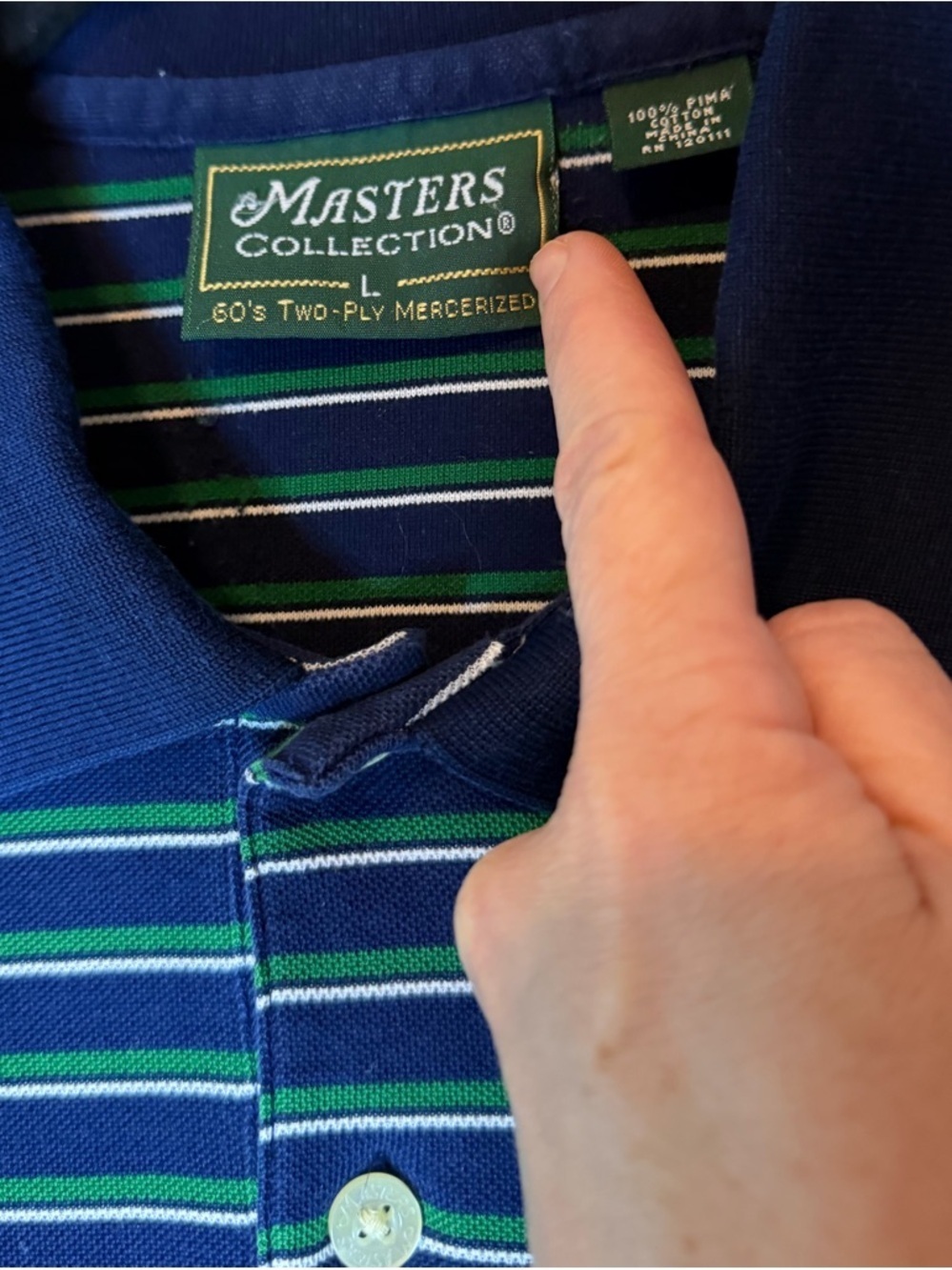 Masters Collection Mercerized Polo Shirt Green Blue Striped Logo Golf Mens L - Picture 8 of 9